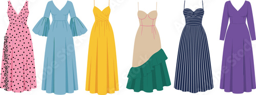 Set of Stylish Women Maxi Dresses and Fashionable Evening GownsSet of Stylish Women Maxi Dresses and Fashionable Evening Gowns