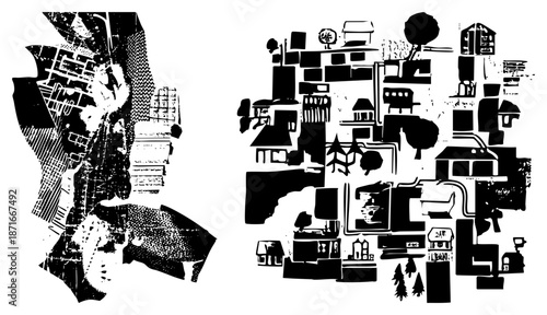 Abstract Urban Landscape with Geometric Buildings and Trees in Halftone Style