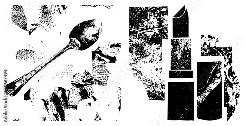 Vintage Spoon and Lipstick in Halftone Vector Illustration