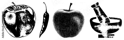 Halftone, Chili Pepper, and Mortar Pestle Vector Set