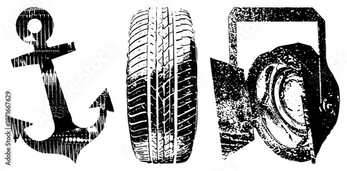 Vintage Nautical Anchor, Car Tire, and Film Camera Vector