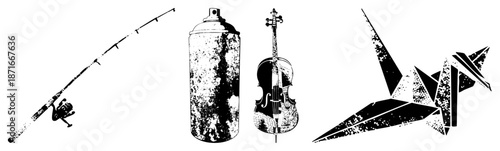 Four Objects in Grunge Textured Vector Silhouettes