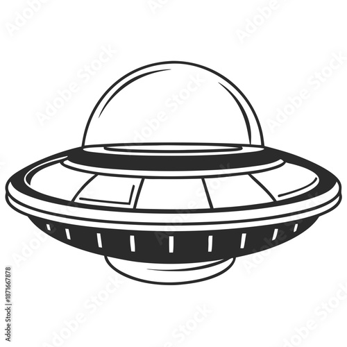 UFO flying saucer icon, minimalist line art vector illustration of a spacecraft, alien spaceship symbol isolated on white background
