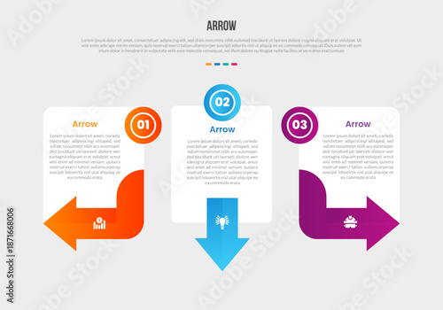 Arrow base shape infographics gradient template diagram with box container with arrow spreading all direction sticky on box with 3 point step creative