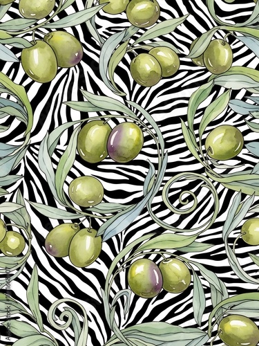 シマウマ模様背景に配置されたオリーブの葉と果実の美しいイラスト
