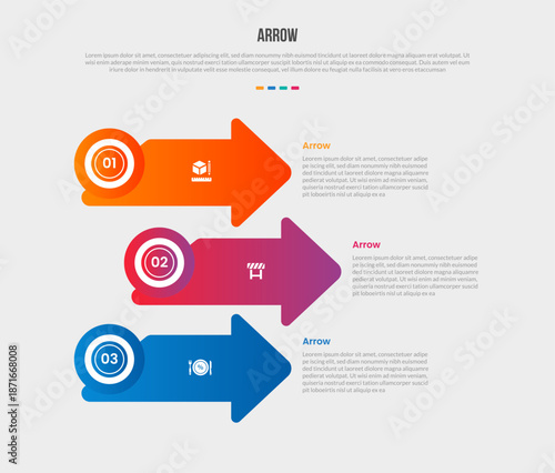 Arrow base shape infographics gradient template diagram with stacked arrow unbalance position with circle edge with 3 point step creative