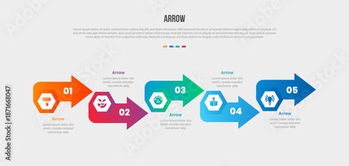 Arrow base shape infographics gradient template diagram with hexagon box up and down flipped with 4 point step creative