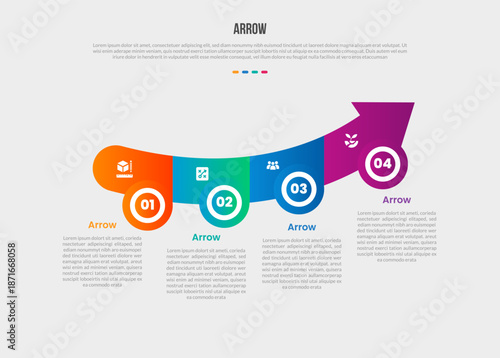 Arrow base shape infographics gradient template diagram with curve bending arrow with circle bottom and top direction with 4 point step creative