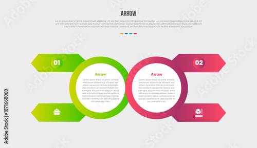 Arrow base shape infographics gradient template diagram with big circle opposite direction with small arrow up and down each side with 2 point step creative