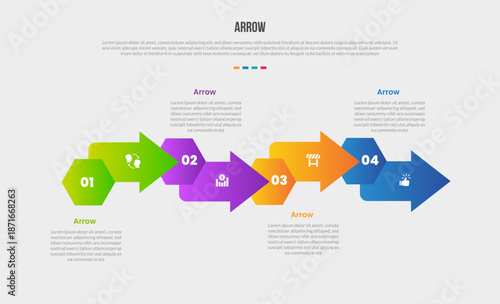 Arrow base shape infographics gradient template diagram with hexagon edge separated part with up and down horizontal with 4 point step creative