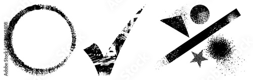 Grunge Textured Geometric Shapes with Halftone and Spray Effects