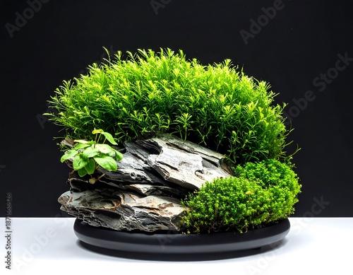 Miniature aquatic landscape with vibrant green plants and moss atop layered grey stone. Features a dark circular base