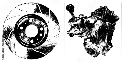 Brake Disc and Gear Shifter Mechanism in Halftone Vector Illustration
