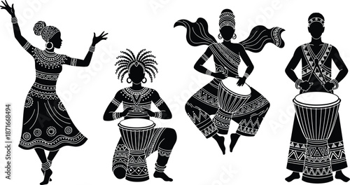 Traditional African Dancers and Drummers Silhouette Vector Set Featuring Ethnic Tribal Patterns Cultural Celebration Music and Folk Performance Art Isolated Elements