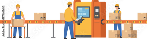 Automated factory conveyor belt packaging line with workers operating machinery for warehouse logistics manufacturing production quality control illustration