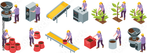 Agricultural processing and manufacturing workflow with factory workers handling raw materials, machinery, packaging, and plant cultivation flat vector illustration