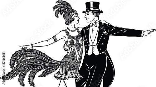 Vintage 1920s Art Deco Style Illustration of an Elegant Couple Dancing the Charleston in Flapper Dress and Tuxedo on White Background