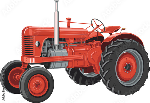Classic red farm tractor vector illustration showcasing agricultural machinery equipment for rural farming cultivation transport vintage vehicle design concept