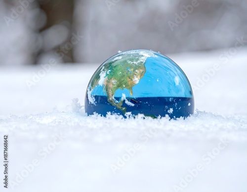Miniature depiction of the Earth, halved and resting within a bed of fresh, white snow, with a soft-focus backdrop