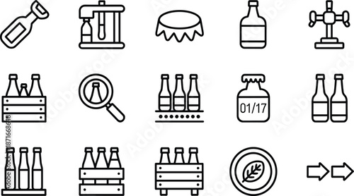 Set of minimalist black outline icons for beverage production and bottling featuring glass bottles, crates, bottle openers, draft taps, and industrial inspection symbols.