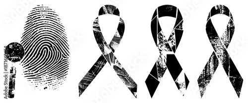 Grunge Textured Fingerprint and Awareness Ribbons Symbolizing Identity and Support