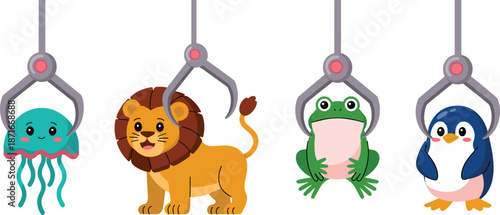 Cute claw machine animals vector illustration featuring jellyfish lion frog penguin characters for arcade game toy crane concept design