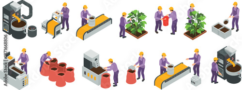 Industrial agricultural processing workflow with factory workers operating machinery, handling raw materials, packaging products, and managing plant cultivation flat vector illustration