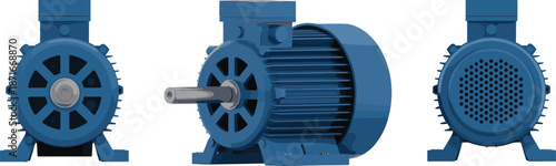 Industrial electric motor vector illustration showing front side rear views heavy duty machinery engineering power equipment technology design