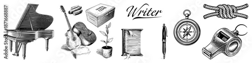 Writer’s Creative Toolkit with Musical, Literary, and Navigational Symbols