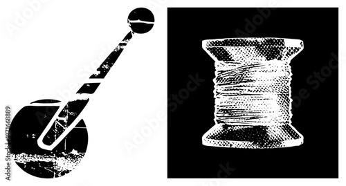 Vintage Guitar Pick and Thread Spool Vector with Halftone Texture