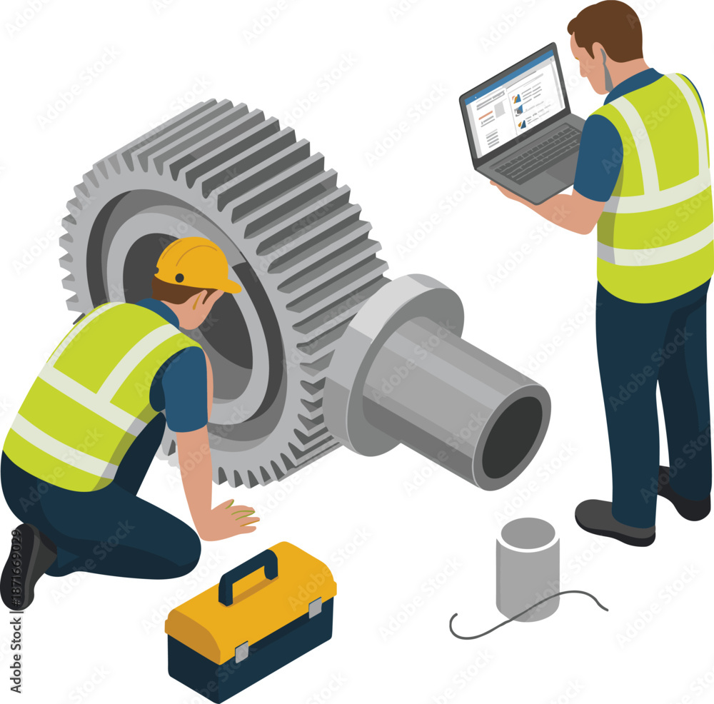 Fototapeta premium Industrial gear inspection illustration showing maintenance workers analyzing large machinery component using tools laptop safety equipment vector engineering manufacturing industry