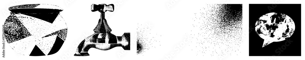 Obraz premium Geometric Vase, Faucet, Halftone Gradient, and Earth in Speech Bubble