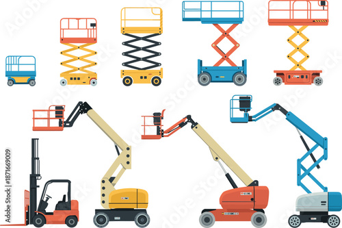 Industrial lifting equipment illustration collection featuring scissor lifts boom lifts forklift platforms construction machinery flat vector set design