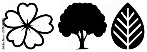 Three Nature Symbols Clover, Tree, Leaf in Minimalist Vector Design