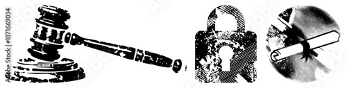 Legal Gavel, Padlock, and Diploma Symbols in Halftone Vector Design