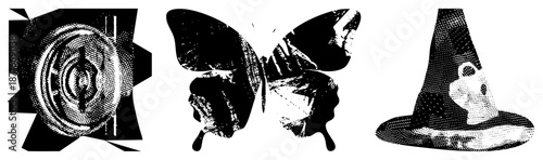 Halftone Butterfly, Camera Lens, and Witch Hat Vector