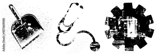 Vintage Halftone Dustpan, Stethoscope, and Gear in Grunge Style