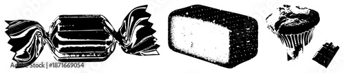 Black and White Vector Illustration of Wrapped Candy, Loaf Bread, and Cupcake