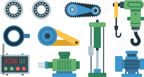 Industrial machinery components flat vector set with motors bearings conveyor belt crane hook sensors factory automation equipment icons isolated design