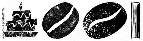 Vintage Coffee Bean & Cake in Halftone Vector Style