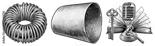 Vintage Microphone, Antique Key, and Open Book with Gavel Illustration