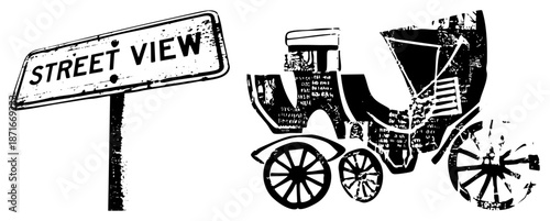 Vintage Street View Sign and Horse Drawn Carriage Silhouettes