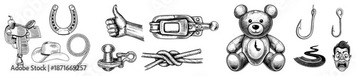 Vintage Western Gear, Teddy Bear, Fishing Hooks & Expressive Faces Collection