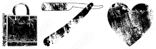 Vintage Shopping Bag, Straight Razor, and Heart with Distressed Texture