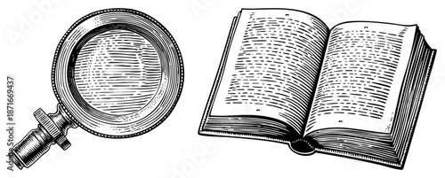 Vintage Magnifying Glass and Open Book Study Tools