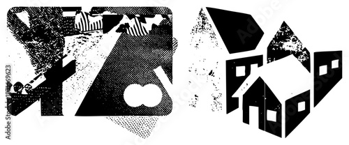 Abstract Geometric Shapes with Halftone Texture and Bold Black Forms