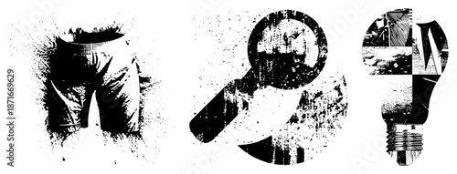 Grunge Styled Vector of Shorts, Magnifying Glass, and Light Bulb