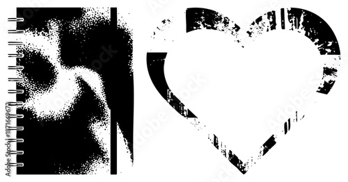 Grunge Styled Heart and Notebook with Halftone Texture