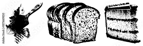 Black and White Vector Illustration of Spatula, Bread Loaf, and Layered Cake Slice