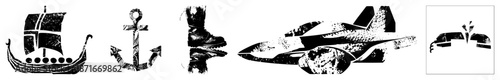 Vintage Viking Longship, Anchor, Boot, Jet Fighter, and Crown Silhouettes